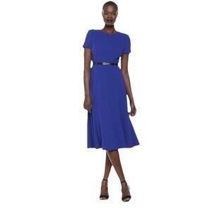 Calvin‎ Klein Royal Blue Short Sleeve Belted Midi Flare Dress Size 2 Slit